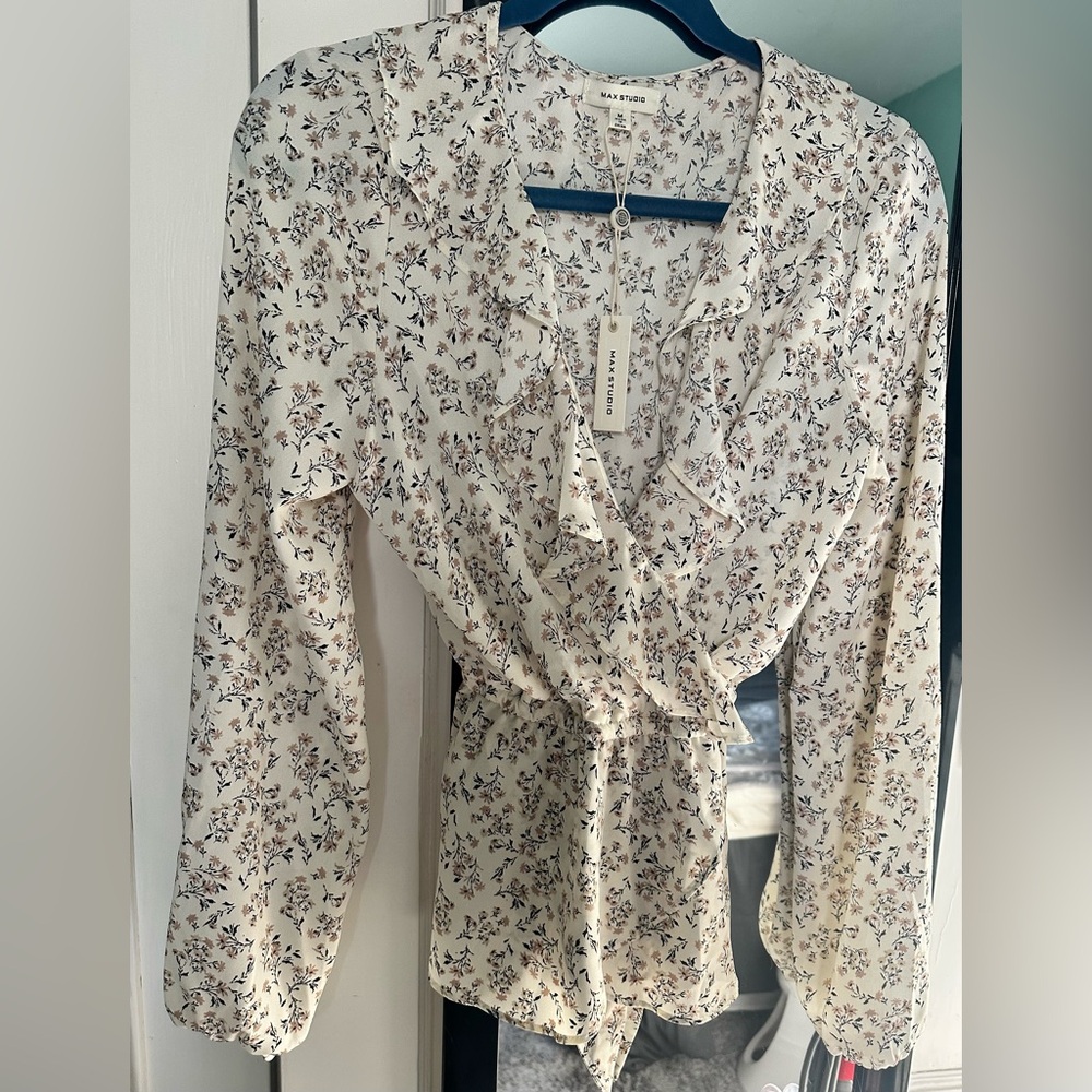 Max Studio Cream Floral Ruffle Wrap Blouse